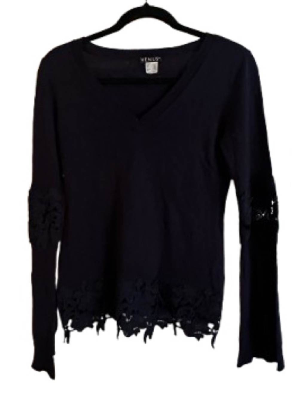 VENUS Black V-Neck Long Sleeve Top with Lace Hem